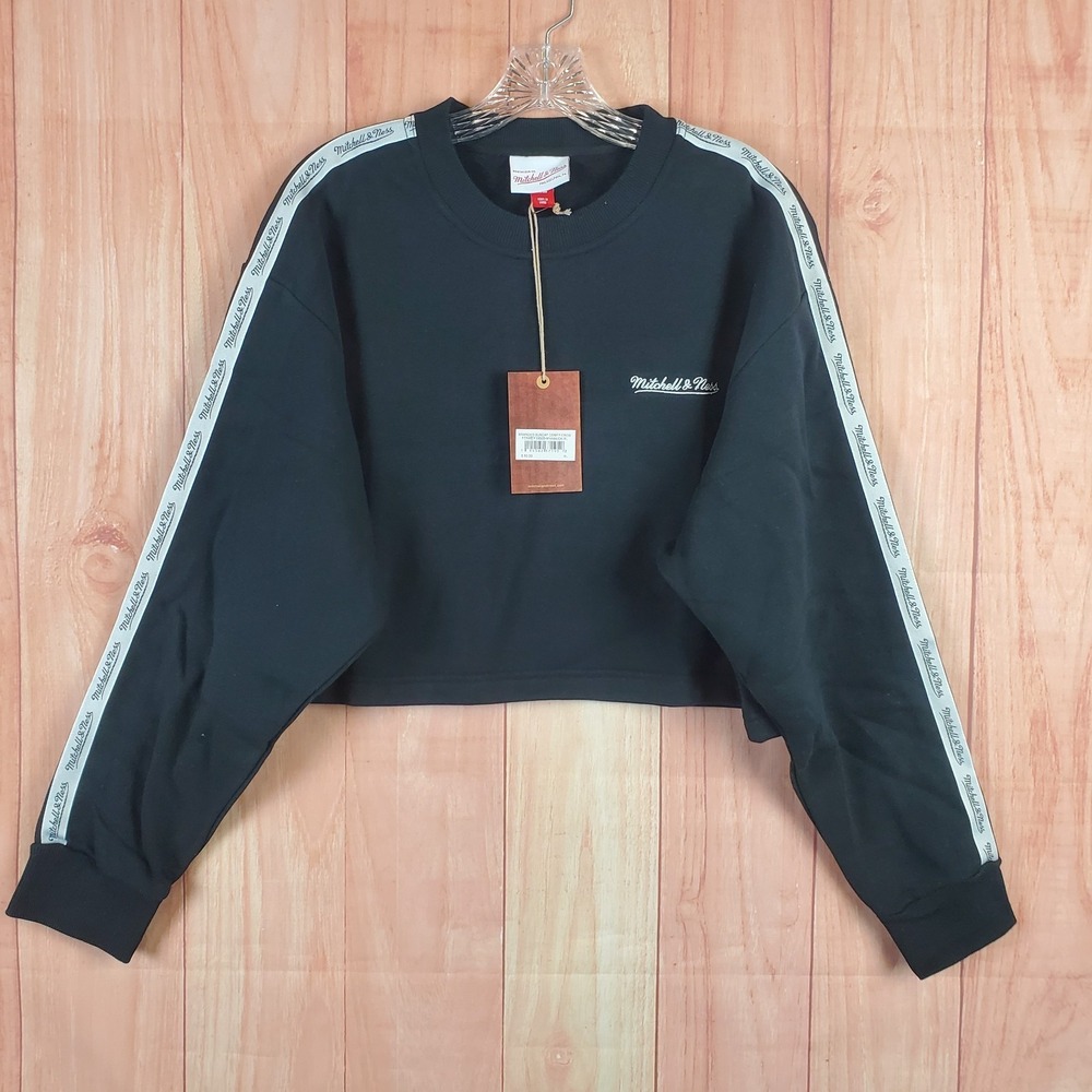 Mitchell & Ness Womens Cropped Top XL Black Sunday Comfy Crew Neck Long Sleeve
